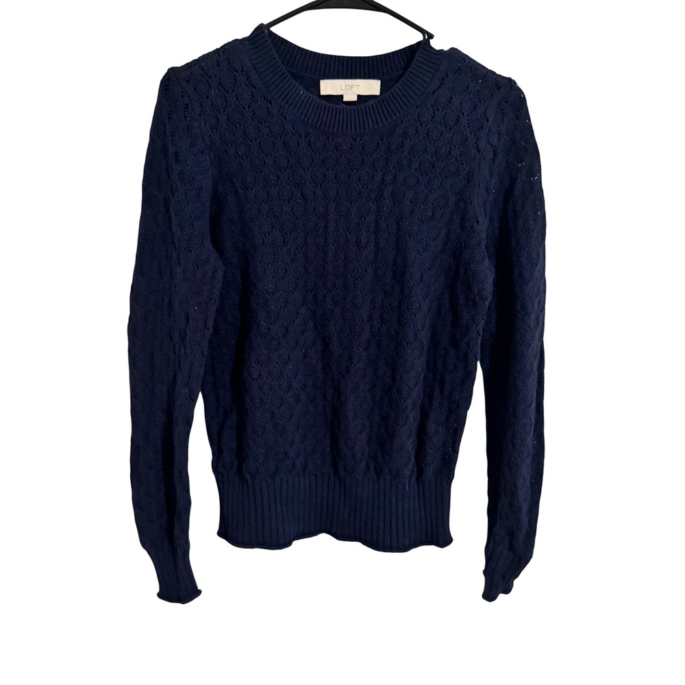 LOFT Navy Blue Pointelle Textured Knit Crew Neck Sweater Medium RN140923